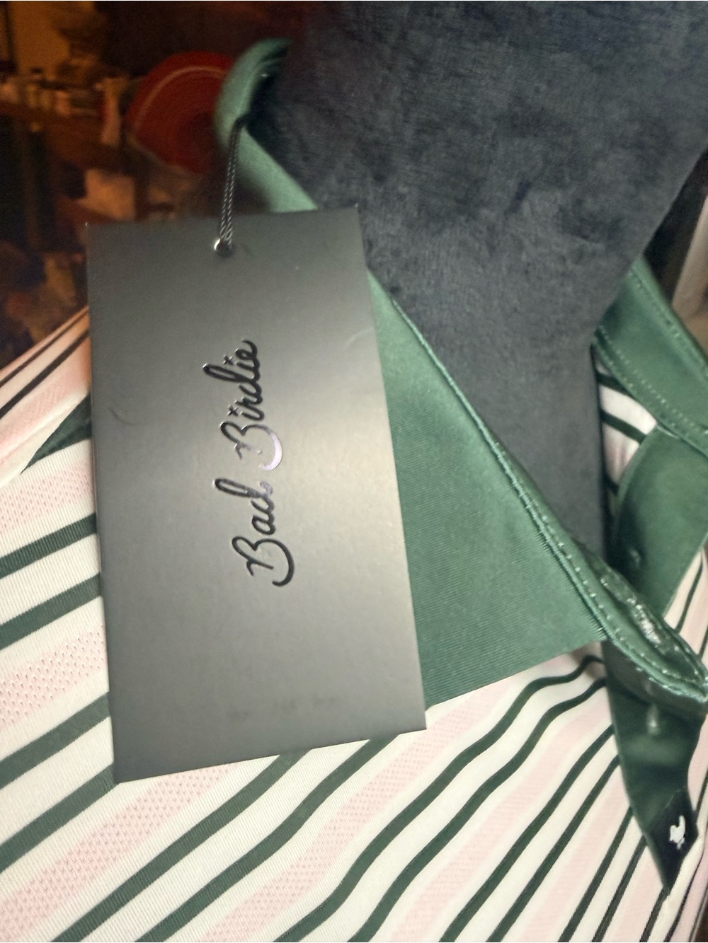 Bad Birdie  Polo Top with Dark Green/Pink Stripes NWT - Picture 6 of 9